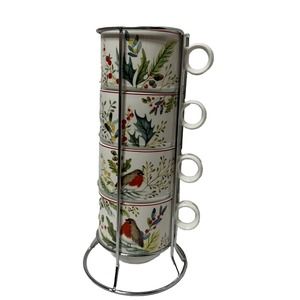 Grace Teaware Stackable Coffee Mug Set of 4 Metal Stand Red Robin Holly Branches